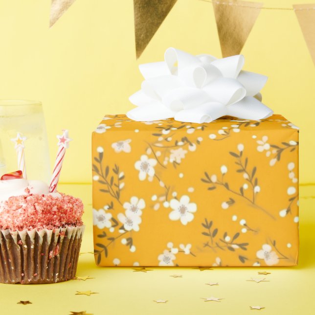 White Posy Print On Gold Wrapping Paper (Birthday Party)