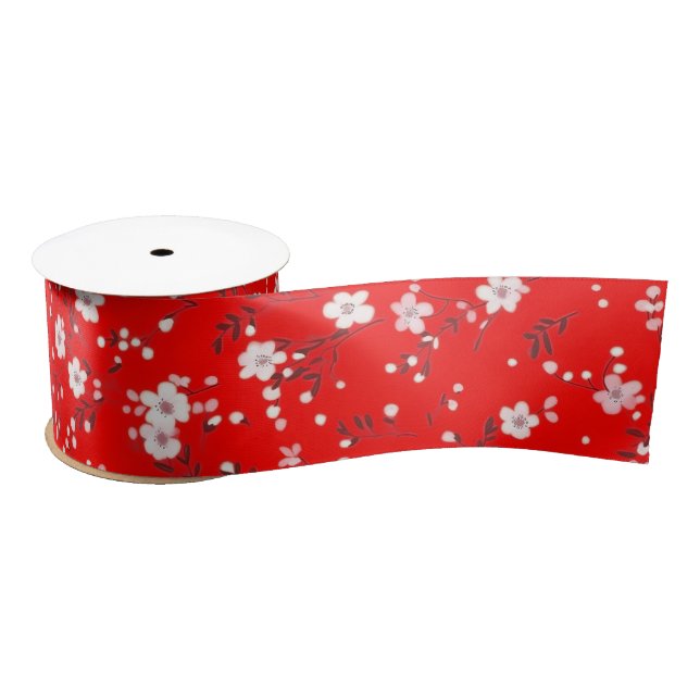 White Posy Print On Red Satin Ribbon (Spool)