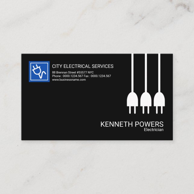 White Power Cables Minimalist Black Electrician Business Card (Front)