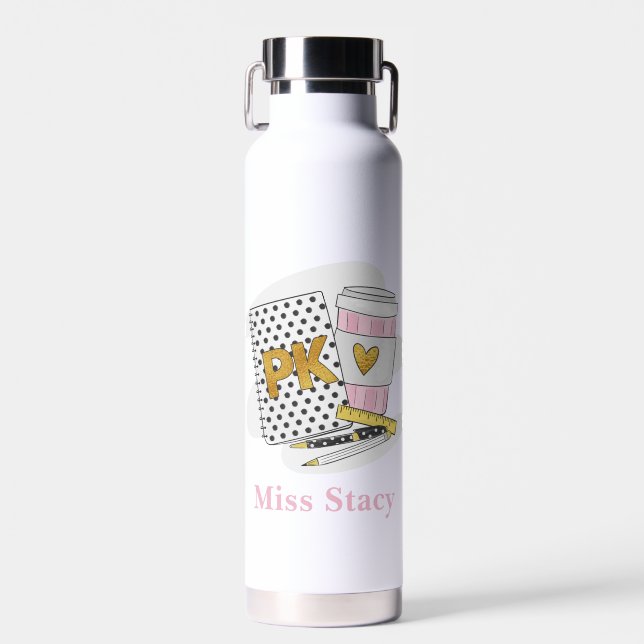 White Pre K Teacher School Polka Dot Custom Water Bottle (Front)