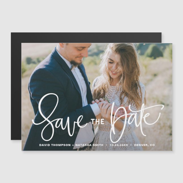 White Pretty Hand Lettering Overlay Save the Date Magnetic Invitation (Front/Back)