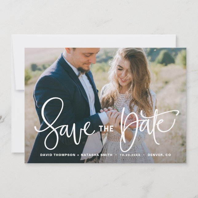 White Pretty Hand Lettering Photo Save the Date (Front)