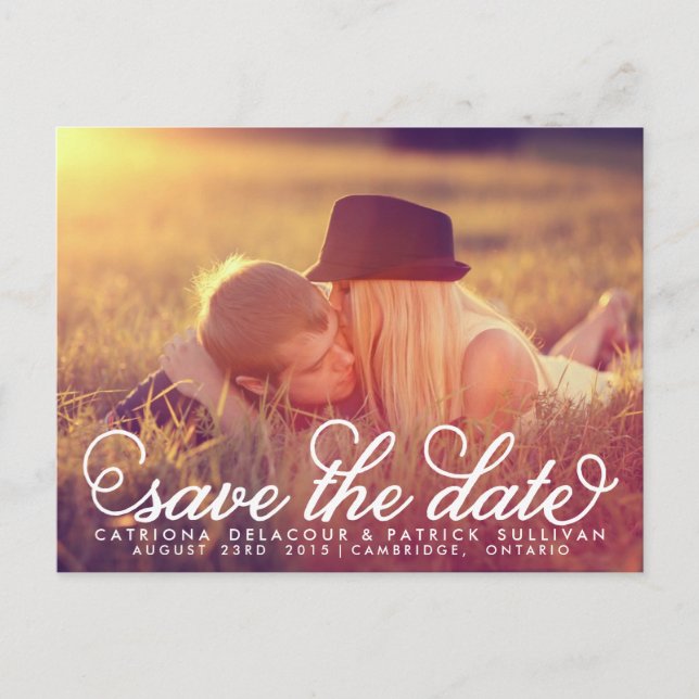 White Pretty Script Photo Save the Date Postcard (Front)