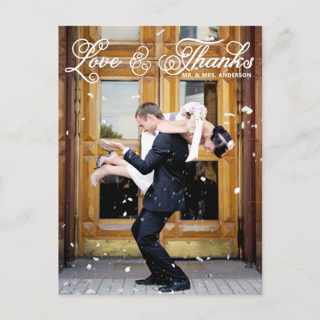White Pretty Script Photo Wedding Thank You Postcard (Front)