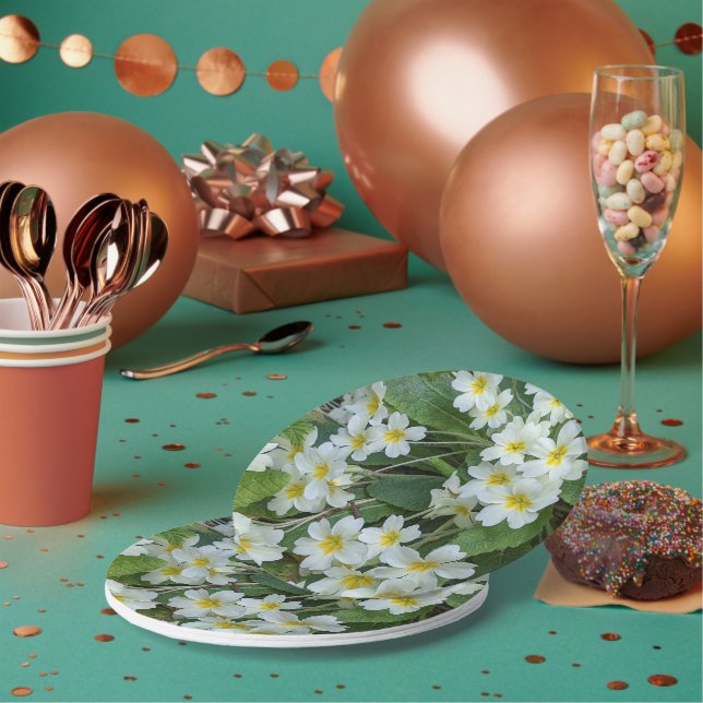 White Primroses Floral Tea Party Paper Plate (Multi)