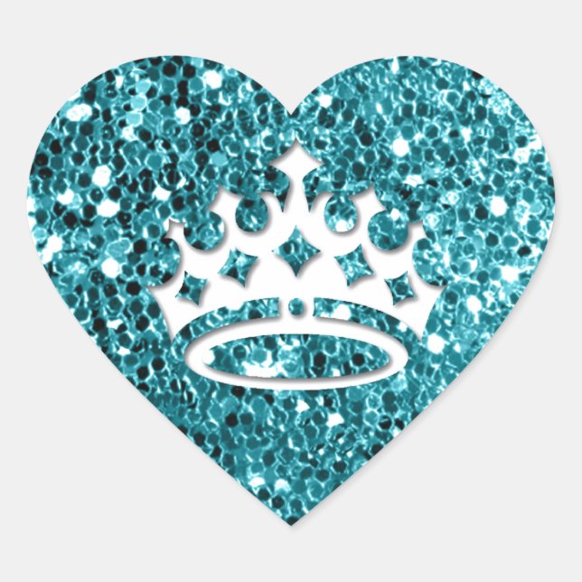 White Princess Crown on Aqua Glitter Look Heart Sticker (Front)
