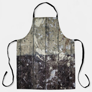 White print on brown wood apron