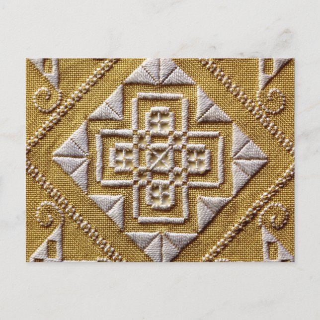 White PRINTED cutwork embroidery 1 on linen custom Postcard (Front)