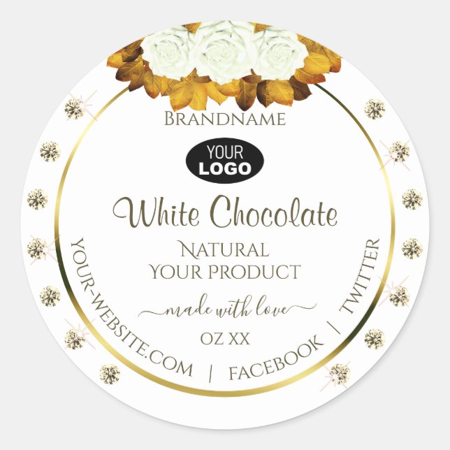 White Product Label Orange Rose Leaves Jewels Logo (Front)