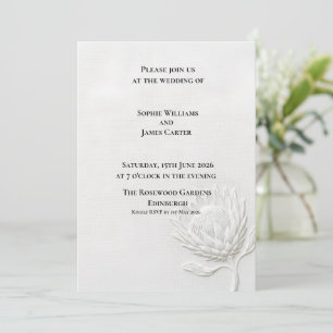 White Protea Floral Relief Luxury Wedding Invitation