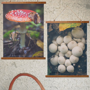 White puffball mushrooms among autumn leaves hanging tapestry