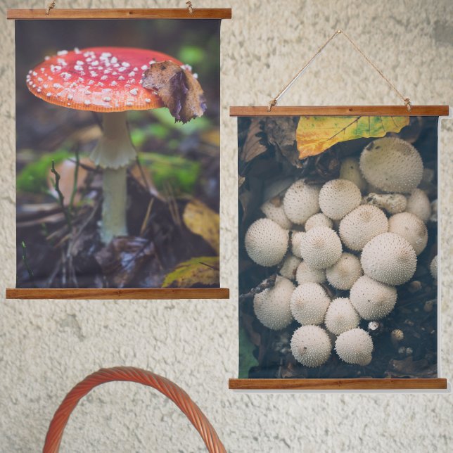 White puffball mushrooms among autumn leaves hanging tapestry (Creator Uploaded)