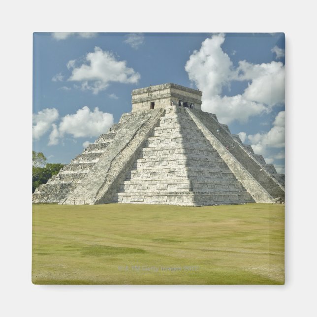 White puffy clouds over the Mayan Pyramid Magnet (Front)