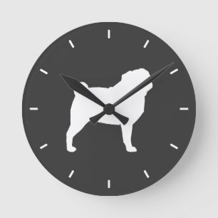 White Pug Silhouette Round Clock