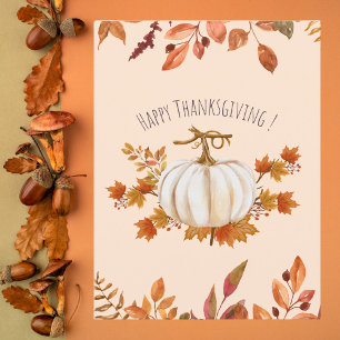 White Pumpkin and Autumn Leaves Thanksgiving Holiday Card