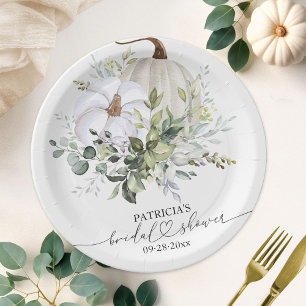 White Pumpkin and Eucalyptus Fall Bridal Shower Paper Plate