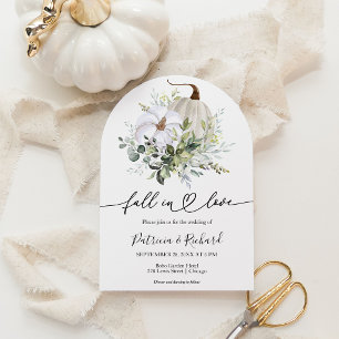White Pumpkin and Eucalyptus Fall in Love Wedding Invitation