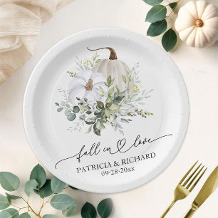 White Pumpkin and Eucalyptus Fall in Love Wedding Paper Plate