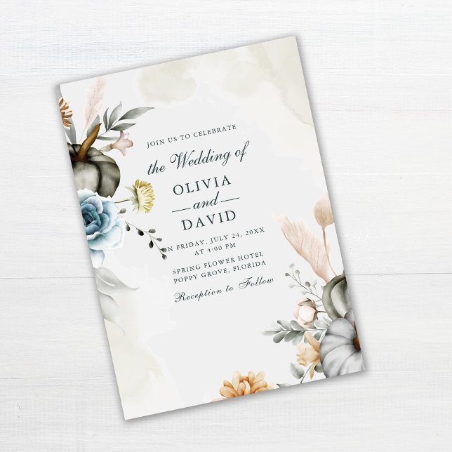 White Pumpkin and Fall Wildflowers Wedding Invitation (White Pumpkin and Fall Wildflowers Wedding Invitation on white wooden table)