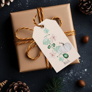 White Pumpkin And Flowers Watercolor Art Gift Tags