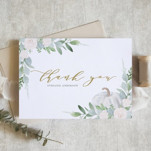 White Pumpkin and Greenery Autumn Baby Shower Thank You Card (Creator Uploaded)