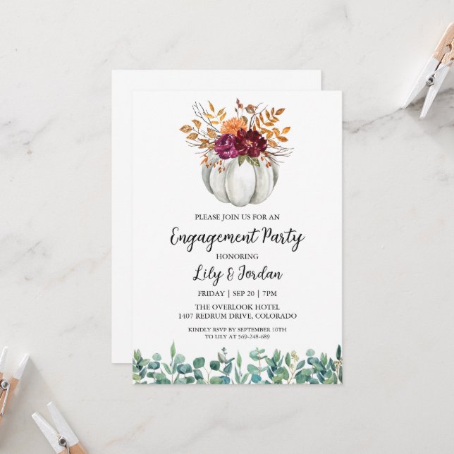 White Pumpkin and Greenery Fall Engagement Party Invitation (Front/Back In Situ)