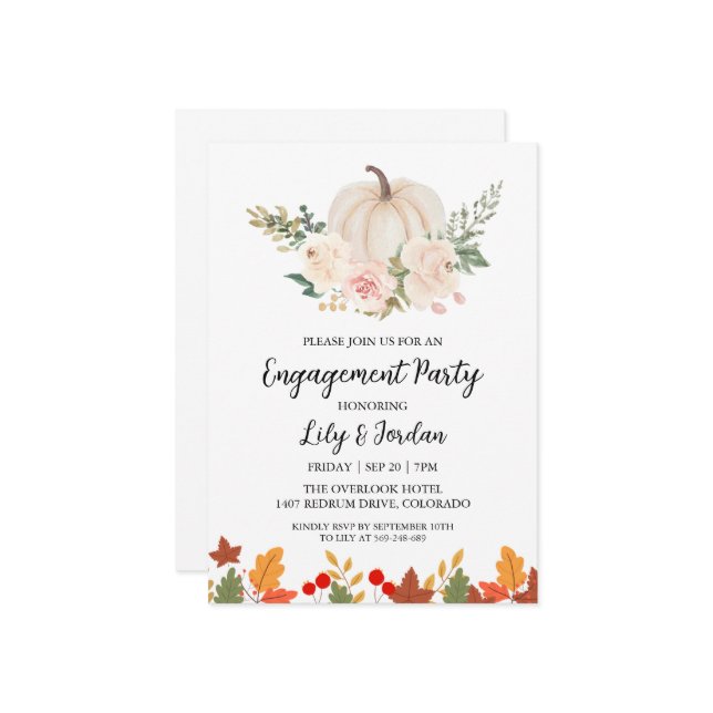 White Pumpkin and Greenery Fall Engagement Party Invitation (Front/Back In Situ)