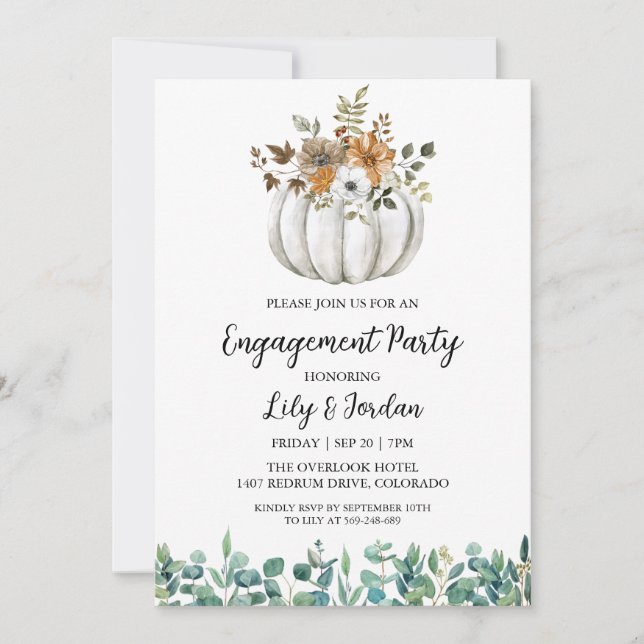 White Pumpkin and Greenery Fall Engagement Party Invitation (Front)