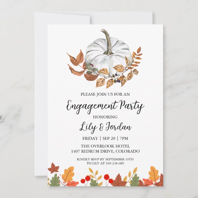 White Pumpkin and Greenery Fall Engagement Party Invitation (Front)