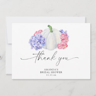 White pumpkin and hydrangea flowers bridal shower thank you card