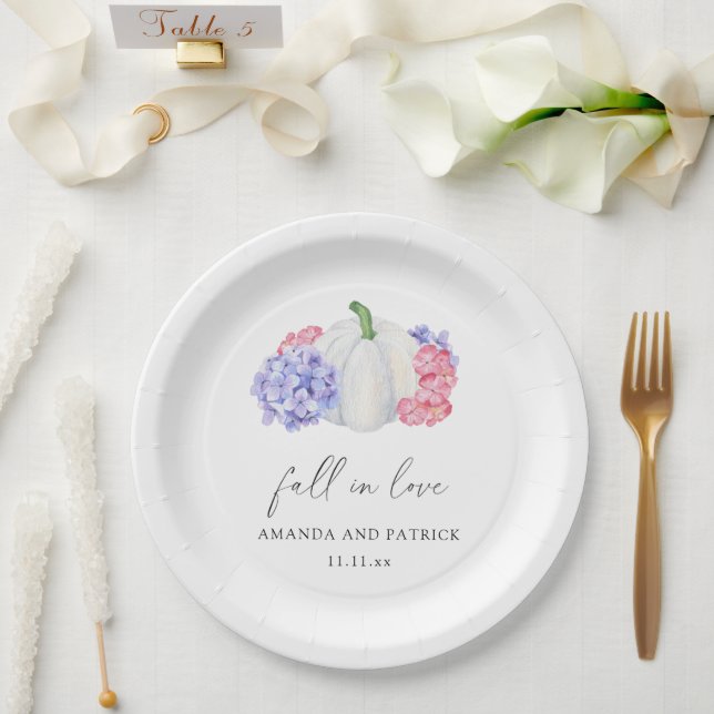 White pumpkin and hydrangea flowers wedding paper plate (Wedding)