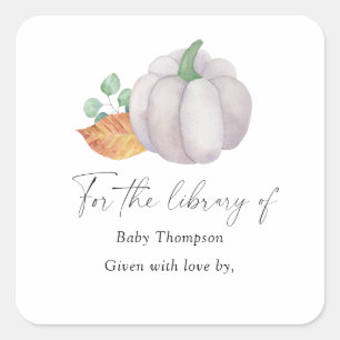 White pumpkin autumn - Baby Shower bookplate Square Sticker