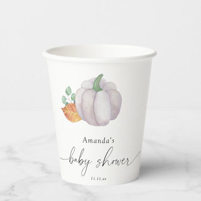 White pumpkin autumn baby shower  paper cups (Front)