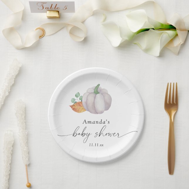 White pumpkin autumn baby shower  paper plate (Wedding)
