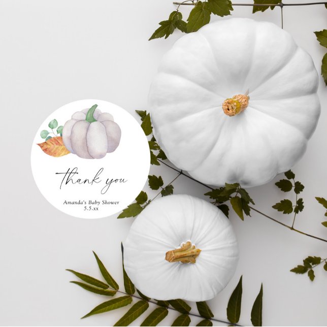 White pumpkin autumn baby shower - Thank you Classic Round Sticker (Creator Uploaded)