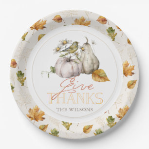 White Pumpkin Autumn Leaves Bird Thanksgiving Paper Plate