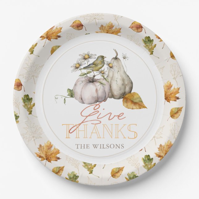 White Pumpkin Autumn Leaves Bird Thanksgiving Paper Plate (Front)