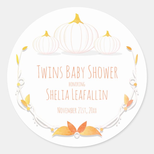 White Pumpkin Autumn Twins Baby Shower Sticker (Front)