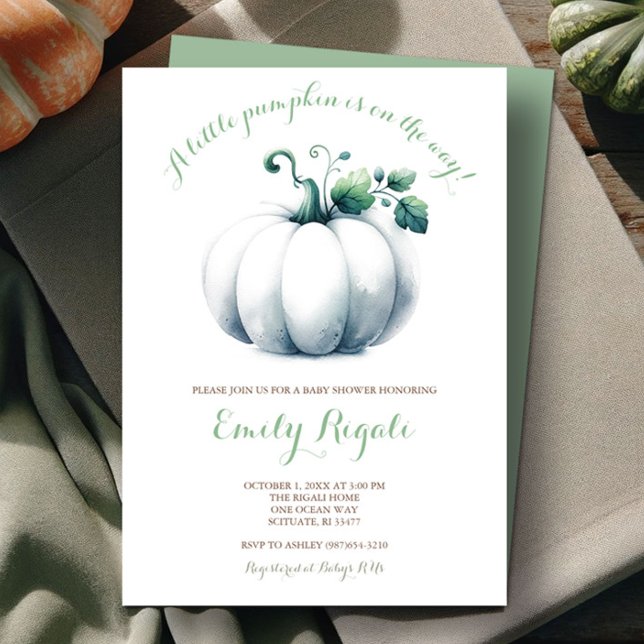 White Pumpkin Baby Shower Invite Gender Neutral (fall gender neutral baby shower invitations features watercolor white pumpkin and sage green.)