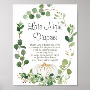White Pumpkin Baby Shower Night Diapers Sign