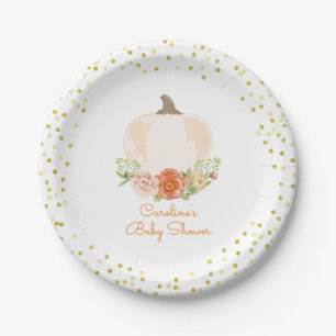 White Pumpkin Baby Shower Watercolor Floral Paper Plate