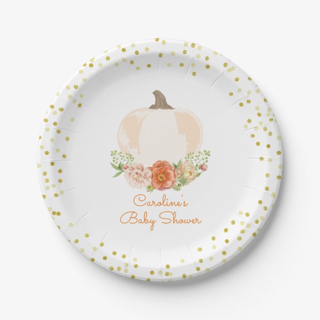 White Pumpkin Baby Shower Watercolor Floral Paper Plate (Front)