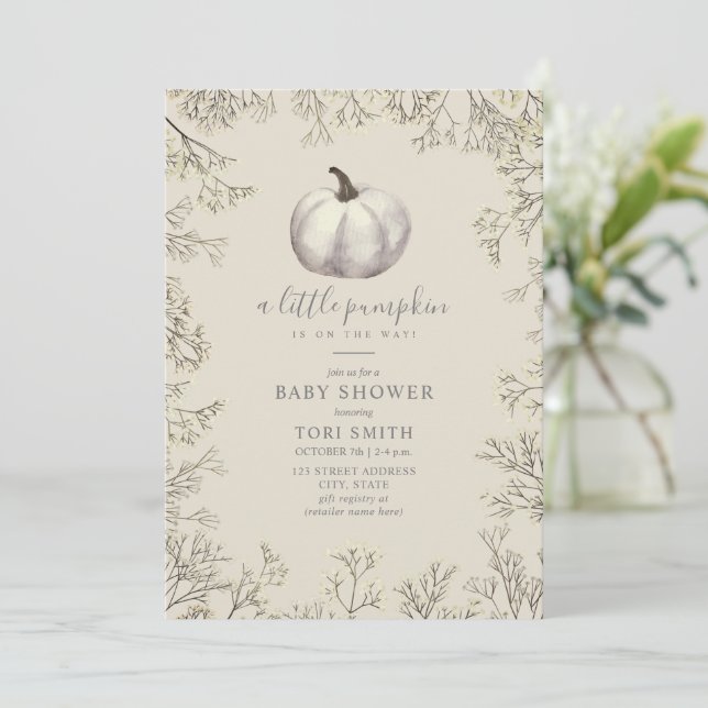 White Pumpkin & Baby's Breath Fall Baby Shower Inv Invitation (Standing Front)