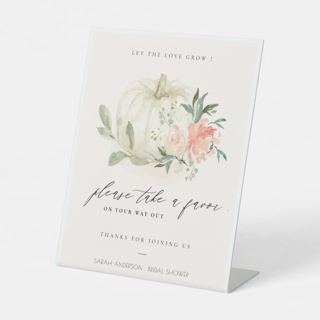 White Pumpkin Blush Floral Favour Bridal Shower Pedestal Sign (Front)