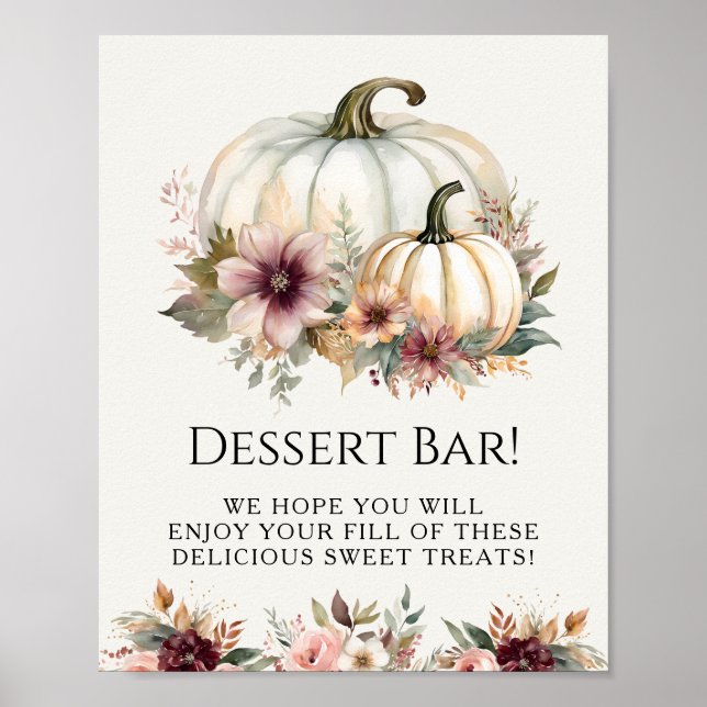 White Pumpkin Burgundy Fall Floral Dessert Sign (Front)