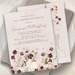 White Pumpkin Burgundy Wildflower 18th Birthday Invitation Postcard<br><div class="desc">Elegant white pumpkins are nestled in burgundy and white watercolor flowers.</div>
