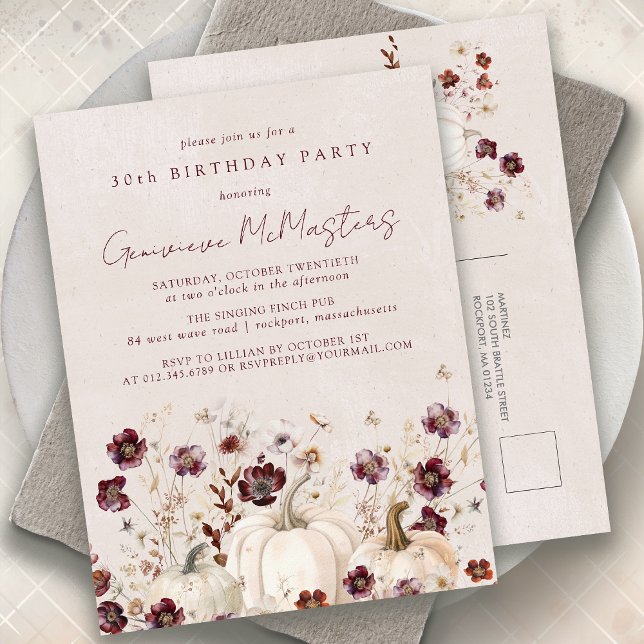 White Pumpkin Burgundy Wildflower 30th Birthday Invitation Postcard (Creator Uploaded)