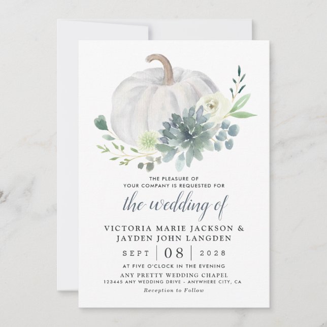 White Pumpkin Elegant Succulent Fall Chic Wedding Invitation (Front)