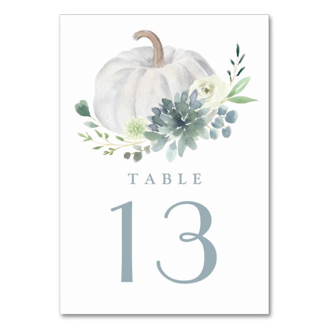 White Pumpkin Elegant Succulent Fall Chic Wedding Table Number (Front)