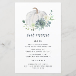White Pumpkin Elegant Succulent Fall Menu Cards